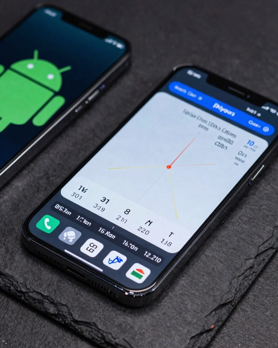 Close-up studio product photograph of an Android and iOS phone on
